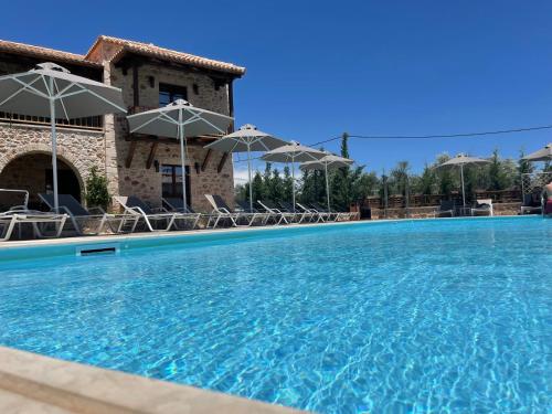 米斯特拉斯的住宿－Mystras Grand Palace Resort & Spa，一个带椅子和遮阳伞的大型游泳池