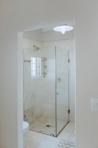 a glass shower in a bathroom with a toilet at Pebbles in Paternoster