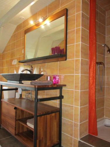 a bathroom with a sink and a mirror at Le Clos du Chêne in Langon
