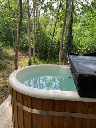 a jacuzzi tub sitting in the woods at DGG Woodland Escape in South Barrow