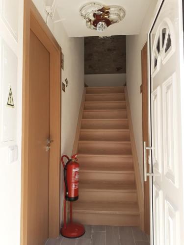 a staircase with a fire hydrant in front of a door at Hostel Sertã in Sertã