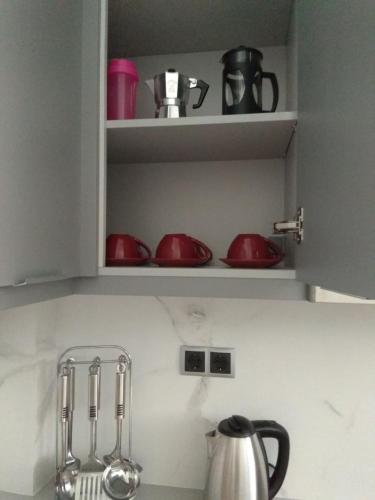 a kitchen counter with red dishes in a cupboard at Malamatenia 's Maisonette in Mokhós