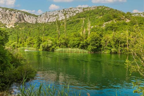 a river with trees and mountains in the background at Mini stone house in Omiš