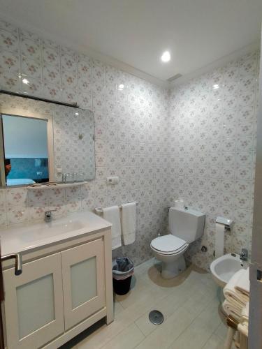 a bathroom with a toilet and a sink and a mirror at Hotel Rompeolas in Baiona