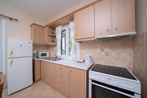 cocina con armarios de madera y nevera blanca en Maria's Apartments en Sami