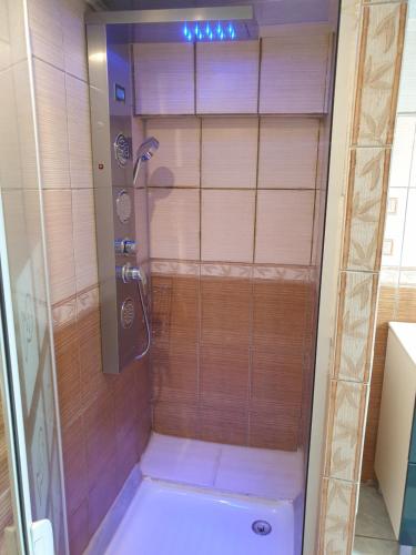 a shower in a bathroom with a glass door at gite climatisé jusqu'à 9 personnes secteurs la broque Obernai Strasbourg in La Broque