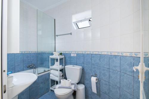 a blue and white bathroom with a toilet and a sink at Villa PANGALIS Romantica in Kato Pavliana