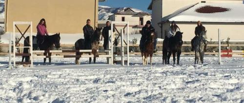 a group of people riding horses in the snow at House of Horses Shtepia e Kuajve in Korçë