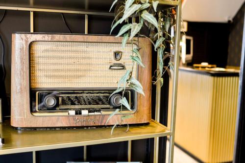 an old radio sitting on a shelf next to a plant at Hotel Maraboe in Bruges