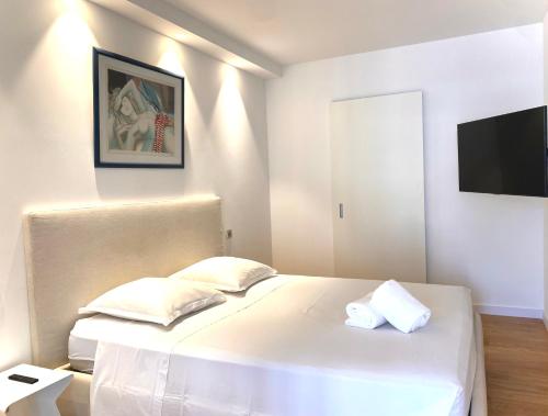 une chambre avec un lit blanc et une télévision à écran plat dans l'établissement Grand 2 pieces Gray d'Albion, à Cannes