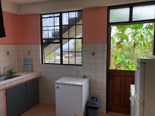 una pequeña cocina con fregadero y ventana en Joy's Apartment, en Roseau