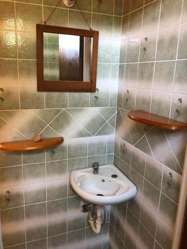 a bathroom with a sink and a mirror at Joy's Apartment in Roseau