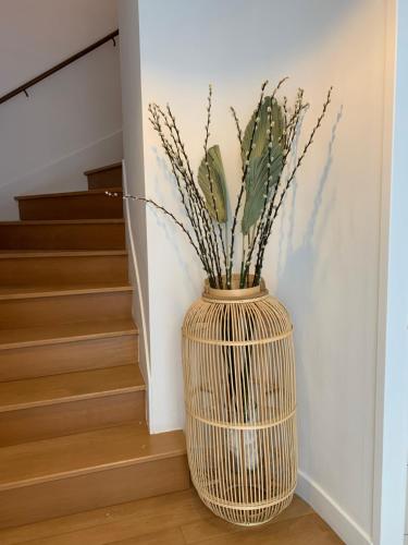 a wicker vase with a plant in it next to stairs at La maison cocooning in Narbonne