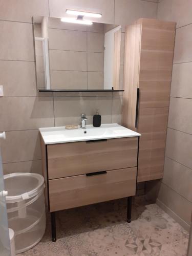 a bathroom with a sink and a mirror and a toilet at Kalee in Lanester