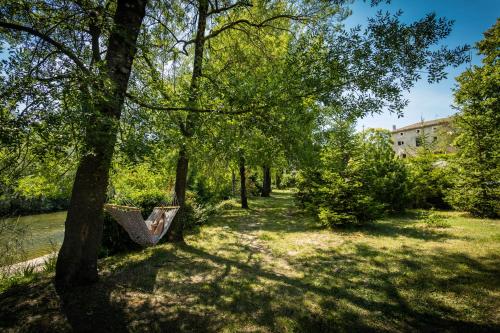 a park with trees and a bench in the shade at Logis des Magnans -Les terrasses du Coutach - in Sauve