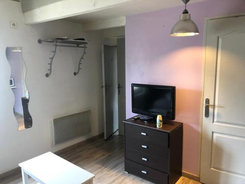 - un salon avec une télévision sur une commode en bois dans l'établissement Studio de la Croix avignon centre, à Avignon