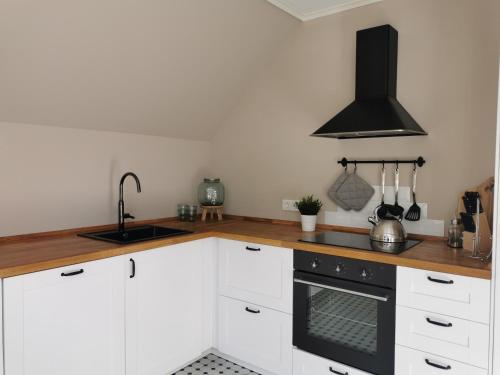 eine Küche mit weißen Schränken und einem schwarzen Backofen in der Unterkunft Ferienwohnung Gipfelstürmer in Bad Harzburg