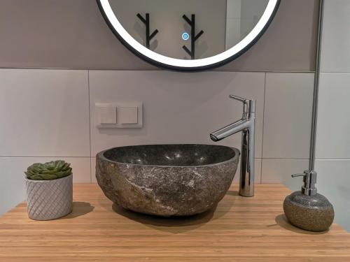 ein Badezimmer mit einem Steinwaschbecken und einem Spiegel in der Unterkunft Ferienwohnung Gipfelstürmer in Bad Harzburg