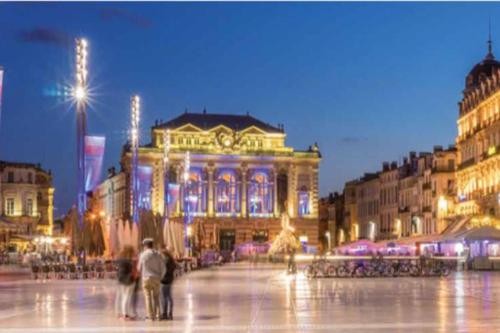 um edifício iluminado numa cidade à noite em Appartement Idéal en centre ville em Montpellier