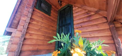 a wooden house with a black door and flowers at Etno selo ŽURIĆ in Mojkovac