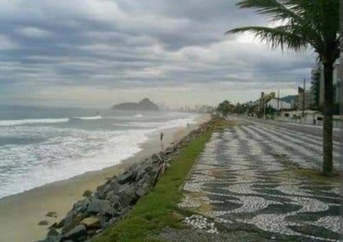 a beach with a palm tree and the ocean at Sobrado de Caiobá in Matinhos