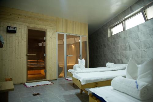 a room with three beds and a glass door at Aselefech Merga Hotel and Spa in Addis Ababa