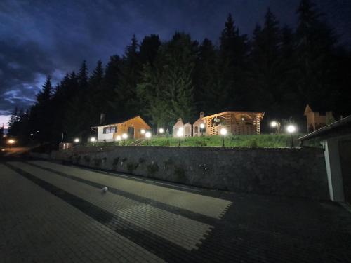 a row of houses at night with lights at Casa Sofia Bucovina in Ciumîrna