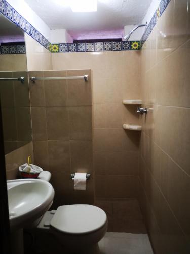 a bathroom with a toilet and a sink and a shower at HOTEL BACANTES in Puebla
