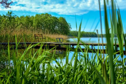a bench sitting on a dock next to a lake at Krzywe Zwierciadło in Mrągowo