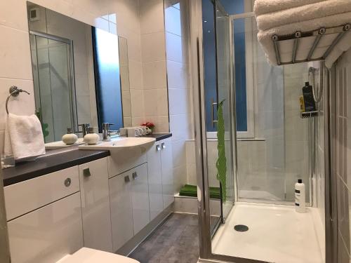 a bathroom with a shower and a toilet and a sink at Lothian Center Apartment in Edinburgh