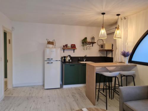 a kitchen with a white refrigerator and a counter at LisaZ in Kefar Weradim