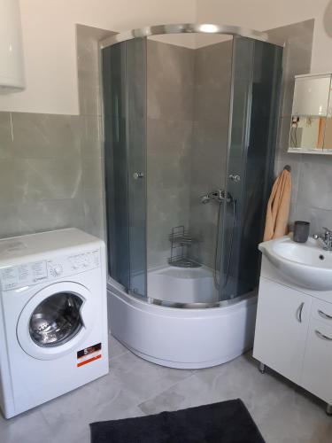 a bathroom with a shower and a washing machine at Dom pod lasem in Ruciane-Nida