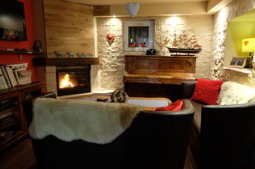 a living room with a couch and a fireplace at Willa Pod Aniołem - Pokoje Gościnne & Apartamenty z widokiem na góry in Szczyrk