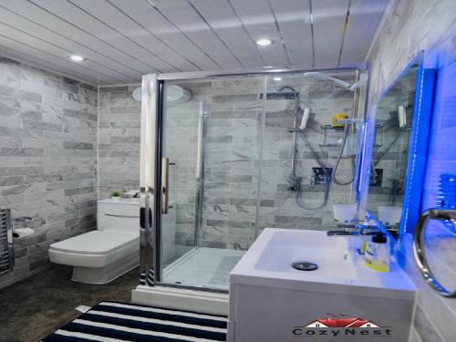 a bathroom with a shower and a toilet at Luxury Central Self Contained Flat by CozyNest in Reading