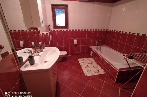 uma casa de banho com um lavatório, uma banheira e um WC. em Ubytování Pod statkem em Tichá