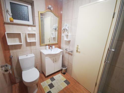 uma casa de banho com um WC, um lavatório e um espelho. em Airport Garden Apartments em Čilipi