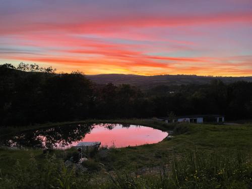 a sunset over a small pond in a field at Stags View,Unique eco cabin, Dartmoor views in South Brent