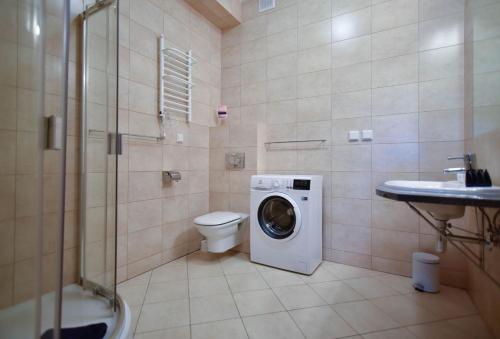 a bathroom with a washing machine and a toilet at Apartamenty Na Wyspie - Baltic Park - Apartamenty z sypialnią i parkingiem - ul Uzdrowiskowa 24-34 in Świnoujście