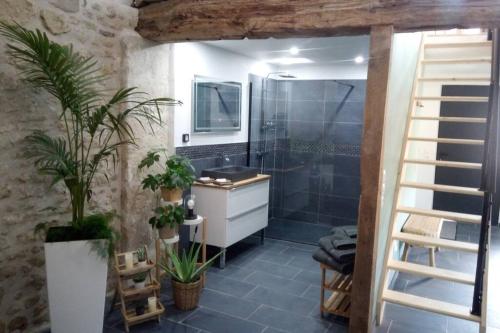 y baño con ducha a ras de suelo y lavamanos. en Maison privative, cocooning, zen , avec jacuzzi, en Mont-Notre-Dame