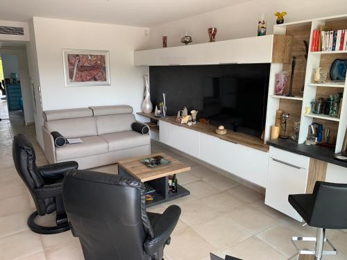 ein Wohnzimmer mit einem Sofa und einem TV in der Unterkunft Diamanti in Saint-Aygulf