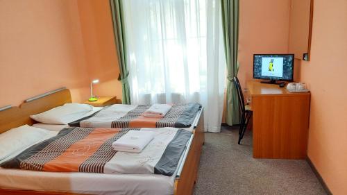 a hotel room with two beds and a television at Pension City Center in Prague