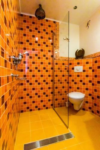 a bathroom with a toilet and a glass shower at Little India Vijlen appartement 2 in Vijlen