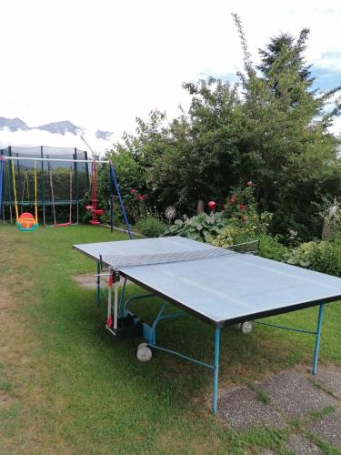 a blue ping pong table in a yard with at Gästehaus Alpenblick in Mutters