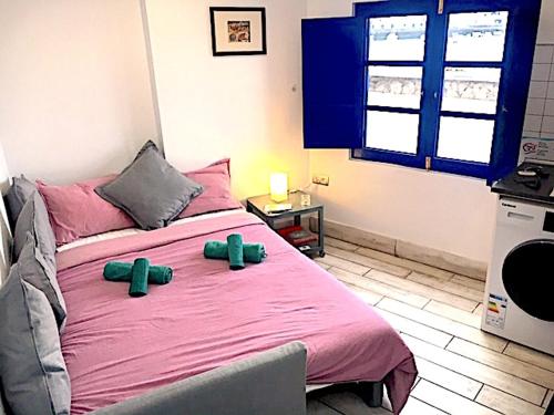 1 dormitorio con 1 cama rosa y 2 almohadas verdes en Sabbia Suites Serena Studio en Arrecife
