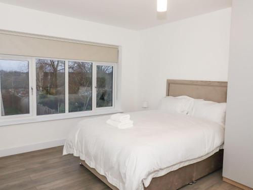 a white bedroom with a large bed and two windows at Exning Residence in Newmarket