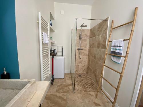 La salle de bains est pourvue d'une douche avec une porte en verre. dans l'établissement Superbe T2 Haussmannien au coeur de Marseille, à Marseille