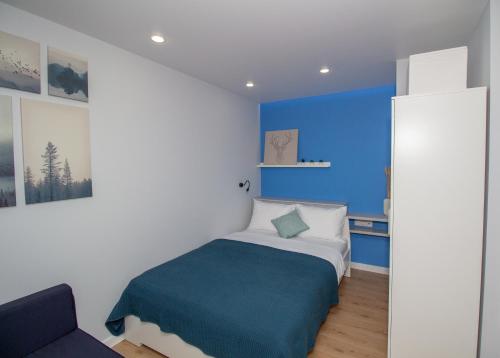 a bedroom with a bed and a blue wall at Luxury studio на Пушкина in Alekseyevka