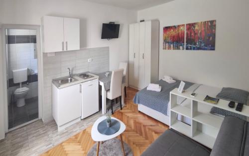 un piccolo appartamento con cucina e soggiorno di Apartments Tila a Trebinje