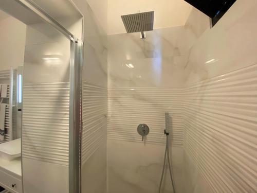 a shower with a glass door in a bathroom at Nicolaus in Sesto Calende