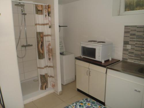 a kitchen with a microwave on top of a counter at siros in Iron